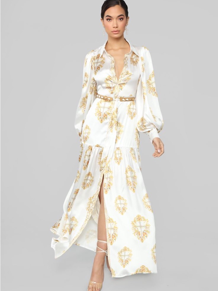 Fashion Nova Cream Satin Shirt Dress With Gold Floral Medallion Print
